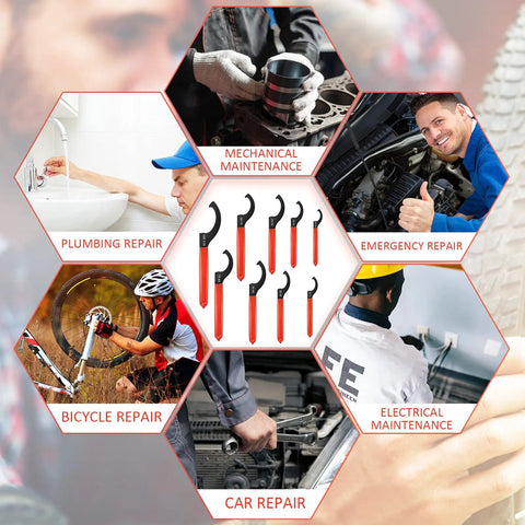 Nine Piece Adjustable Coilover Wrench Set For Suspension And Shock Adjustments With Six Sizes And Easy Grip Rubber Handles