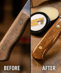 Before and after view of knife handle rejuvenated with Straight Up Knife Steel Wax And Rust Preventative Coating.