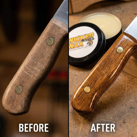 Before and after view of knife handle rejuvenated with Straight Up Knife Steel Wax And Rust Preventative Coating.