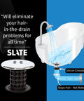 Image showing Inside Tub Drain Hair Catcher in Black Chrome Finish No Fuss Cleanup Protector For Bathroom Drains with illustration.
