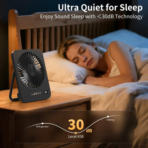 Must Have Compact USB Desk Fan With LED Display 5 Speed Ultra Quiet Portable Mini Fan beside sleeping woman
