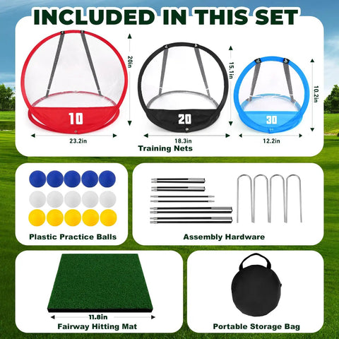 Golf Chipping Net Set For Backyard Practice With Three Pop Up Nets And Targets 15 Practice Balls Hitting Mat And Storage Bag
