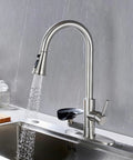DEOLER Kitchen Faucets with Glass Rinser Single Handle High Arc Kitchen Sink Faucet with Pull Out Sprayer, 1 or 3 Hole, 360° Swivel, Brushed Nickel in close-up with flowing water.