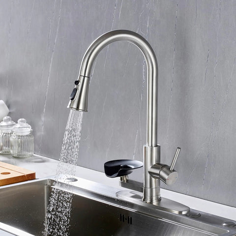 DEOLER Kitchen Faucets with Glass Rinser Single Handle High Arc Kitchen Sink Faucet with Pull Out Sprayer, 1 or 3 Hole, 360° Swivel, Brushed Nickel in close-up with flowing water.