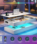 47.2 Inch Lift Top Coffee Table With LED Lights And Charging Station in living room, open storage, modern white high gloss finish