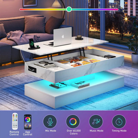 47.2 Inch Lift Top Coffee Table With LED Lights And Charging Station in living room, open storage, modern white high gloss finish