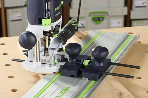 Guide Stop Adapter For OF 1400 Router And FS Guide Rails With Precise OneTenthMillimeter Fine Adjustment in workshop setting