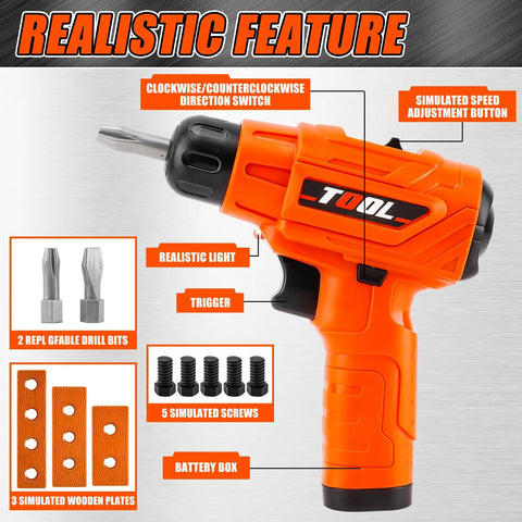 Realistic Kids Electric Drill Set For Ages 3 And Up, Pretend Play Power Drill With 3 Interchangeable Bits, Screw Nuts And Wooden Boards