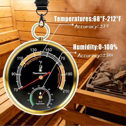 Portable Sauna Thermometer and Hygrometer Combo With Lanyard Mount For Home Steam Sauna No Brainer Temperature and Humidity Monitor Fahrenheit Readings From 68 To 212 Humidity 0 To 100 Percent Easy Hang Ring Design, round 3.7-inch dial