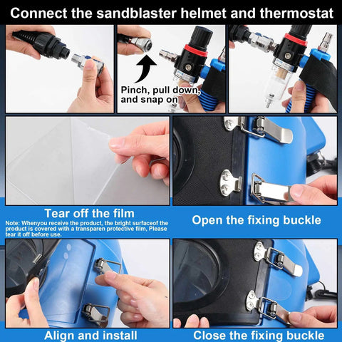 Connection setup for All In One Sandblaster Helmet Kit With Thermostat, five lenses, shoulder protector, blue ABS construction.