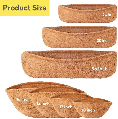 Image showing different sizes of durable thick coconut fiber coir liners including 36 Inch Coco Liner Replacement For Plant Hanging Baskets And Window Boxes