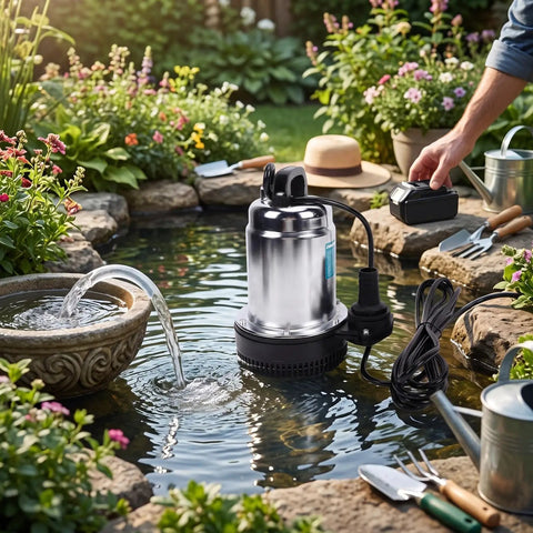 Cordless Submersible Water Pump 1003 GPH High Flow Battery Operated Drain Pump for garden pond water transfer and irrigation.