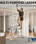 14Ft Multi Position Ladder With 4 Steps A Frame Folding Design Anti Slip Workhorse Aluminum Telescopic Ladder With Removable Tool Tray 330 lb load capacity, used indoors