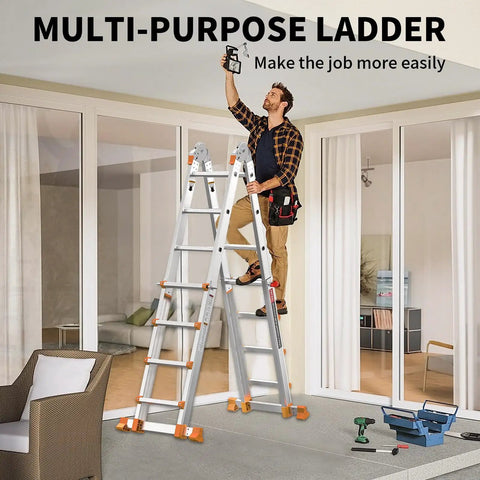 14Ft Multi Position Ladder With 4 Steps A Frame Folding Design Anti Slip Workhorse Aluminum Telescopic Ladder With Removable Tool Tray 330 lb load capacity, used indoors