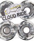 Cloud Ride set of black and white 65mm 78A urethane longboard wheels visible through the packaging with logo sticker