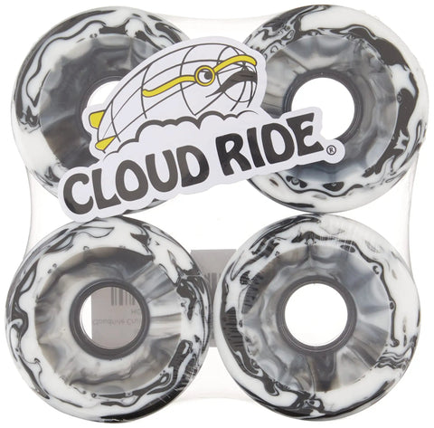 Cloud Ride set of black and white 65mm 78A urethane longboard wheels visible through the packaging with logo sticker