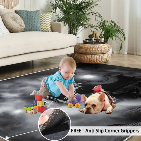 Locomotive Train Rug For Bedroom And Living Room with baby, dog, and toys, ultra soft low pile, non slip backing, kid and pet friendly