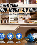 On Demand 110V RV Water Pump Diaphragm with 4 GPM 50 PSI, blue pump displayed with food truck background and protection icons.