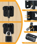 Heavy Duty Stainless Steel Matte Black Gate Latch Set With Slide Bolt Lock And Rust Resistant Durable Safety Catch For Barn Cabinet Pet Cage Garden Garage Bathroom And Window Sliding Doors Pack Of 2, close-up images showing design with padlock hole and installation features.