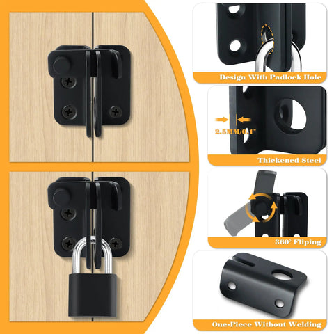 Heavy Duty Stainless Steel Matte Black Gate Latch Set With Slide Bolt Lock And Rust Resistant Durable Safety Catch For Barn Cabinet Pet Cage Garden Garage Bathroom And Window Sliding Doors Pack Of 2, close-up images showing design with padlock hole and installation features.