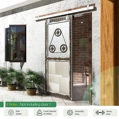 8 Foot Galvanized Box Track Sliding Barn Door Hardware For Exterior Use One Piece Box Rail Design For Smooth Sturdy Sliding 8 Ft Track Fits Doors Up To 48 Inches Wide Max Load 300 Lbs Outdoor Rated For Exterior Barn Doors installed on a brick wall