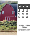 Heavy Duty Sliding Barn Door Track Connector Replacement Plate For Smooth Operation Flat Mending Plate To Link Door And Track Durable Barn Door Hardware For DIY Home Renovation And Quick Fix, shown with screws and nuts for assembly beside a red barn.