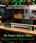 Heavy Duty Three Eighth Inch Magnetic Socket Organizer Rail With Aluminum Alloy Construction on workshop table