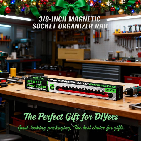 Heavy Duty Three Eighth Inch Magnetic Socket Organizer Rail With Aluminum Alloy Construction on workshop table
