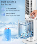 Person pouring water into the 3L tank of a 38-inch evaporative air cooler tower fan for bedroom, with ice packs for cooling