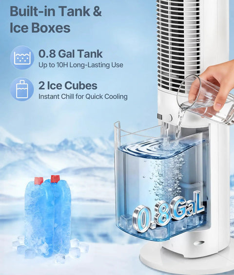 Person pouring water into the 3L tank of a 38-inch evaporative air cooler tower fan for bedroom, with ice packs for cooling