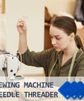 Woman using sewing machine with Ultimate 5Pc Blue Universal Square Needle Threader Kit next to her