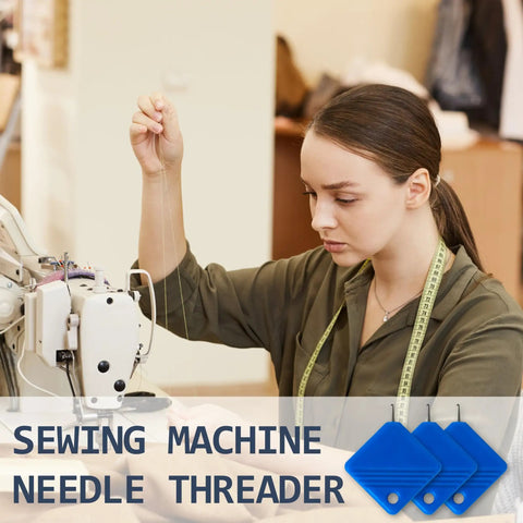 Woman using sewing machine with Ultimate 5Pc Blue Universal Square Needle Threader Kit next to her