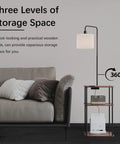 Floor Lamp With Table And USB C Charging Station Rustic End Table Lamp With Shelves Three Color Temperature LED Bulb next to sofa
