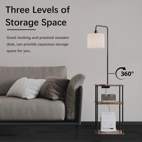 Floor Lamp With Table And USB C Charging Station Rustic End Table Lamp With Shelves Three Color Temperature LED Bulb next to sofa