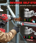 Worker using Cordless 1/2 Inch Impact Wrench Beefy 1700 Ft Lbs Torque on pipe with reverse self-stop feature highlighted
