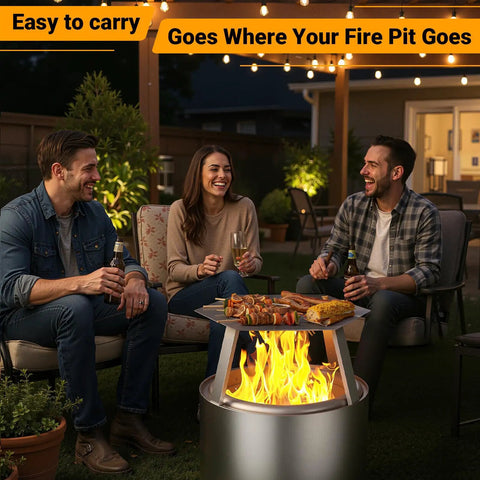 Group enjoying bonfire with Dope 19.5 Inch Heat Deflector For Solo Stove, stainless steel diffuser and accessories in backyard.