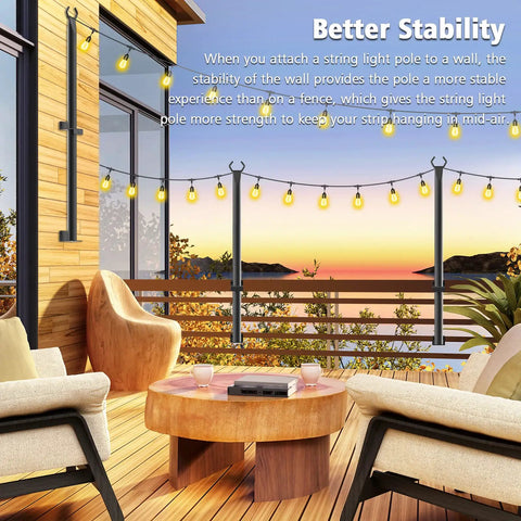 Outdoor patio with string lights supported by 2 pack 5 ft string light poles for outdoor use metal poles stand for patio backyard and deck weatherproof galvanized steel construction built to withstand wind rain and corrosion.