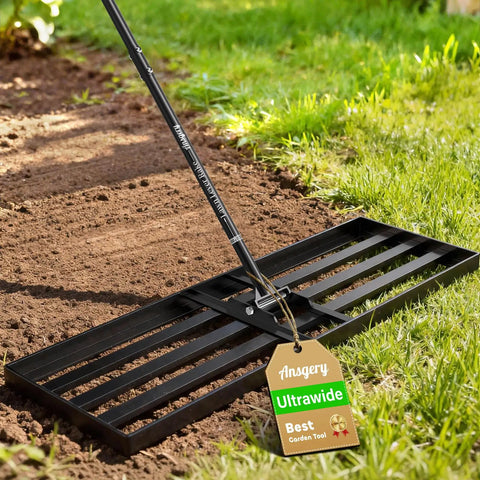Heavy Duty Lawn Leveling Rake With 78 Inch Long Handle 36 By 12 Inch Head Ground Leveler on soil