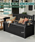 80 Gallon Lockable Storage Bench Deck Box For Patio Furniture And Outdoor Gear in black, with cat and colorful cushions.