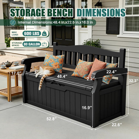 80 Gallon Lockable Storage Bench Deck Box For Patio Furniture And Outdoor Gear in black, with cat and colorful cushions.