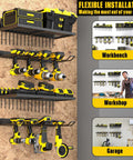 Power Tool Organizer Wall Mount Heavy Duty Cordless Drill Holder And Battery Shelf Metal Garage Storage Rack With Eight Drill Slots And Two Shelves For Tidy Clutter Free Workshop displayed with tools in a garage setting