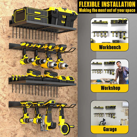 Power Tool Organizer Wall Mount Heavy Duty Cordless Drill Holder And Battery Shelf Metal Garage Storage Rack With Eight Drill Slots And Two Shelves For Tidy Clutter Free Workshop displayed with tools in a garage setting