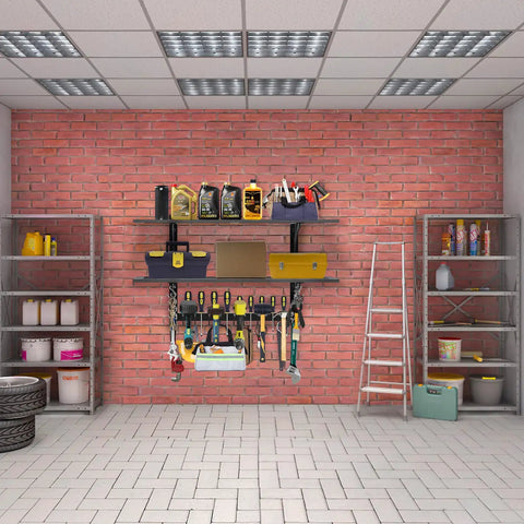 Garage with Two Pack 15x38 Heavy Duty Wall Shelf Garage Storage Rack Wall Mounted Floating Shelves With Power Tool Organizer and tools.