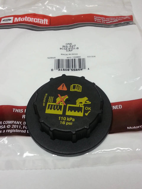 Ford Radiator Cap With Pressure Relief OEM Replacement 9C3Z-8101-B Black, showing pressure indicators on packaging