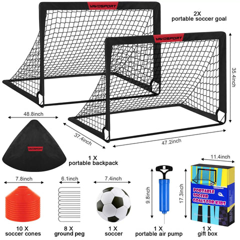 Two 4x3 Ft Portable Pop Up Soccer Goals Backyard Training Set With Ball Pump Cones Ground Nails And Carry Bag Kit components