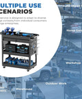 Rolling Tool Cart With Drawers And Pegboard, Heavy Duty Utility Cart On Wheels For Garage And Warehouse, Industrial Mechanic Cart With Three Tier Tool Storage, Tough Steel Build, Black Finish shown in home garage and workshop