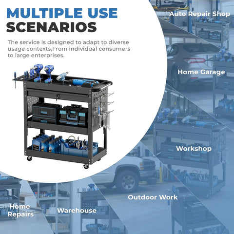 Rolling Tool Cart With Drawers And Pegboard, Heavy Duty Utility Cart On Wheels For Garage And Warehouse, Industrial Mechanic Cart With Three Tier Tool Storage, Tough Steel Build, Black Finish shown in home garage and workshop