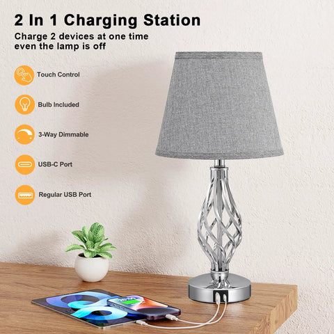 Two Pack Touch Table Lamps For Bedside With USB C Charging Ports, 3 Way Dimmable Table Lamps on wooden table with spiral cage base.