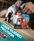 Ecarke cordless circular saw with laser guide, side view; teal housing and 7-1/4-inch blade cutting wood.