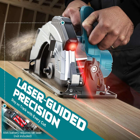 Ecarke cordless circular saw with laser guide, side view; teal housing and 7-1/4-inch blade cutting wood.